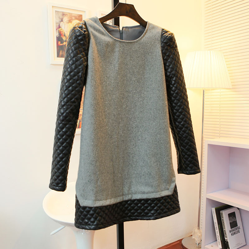 2012 patchwork leather shoulder pads leather small long-sleeve woolen one-piece dress skirt f 4