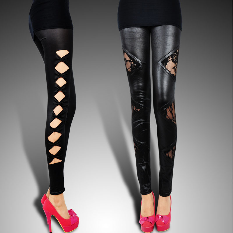 2012 patent leather legging patchwork lace legging cutout hole legging ankle length trousers female