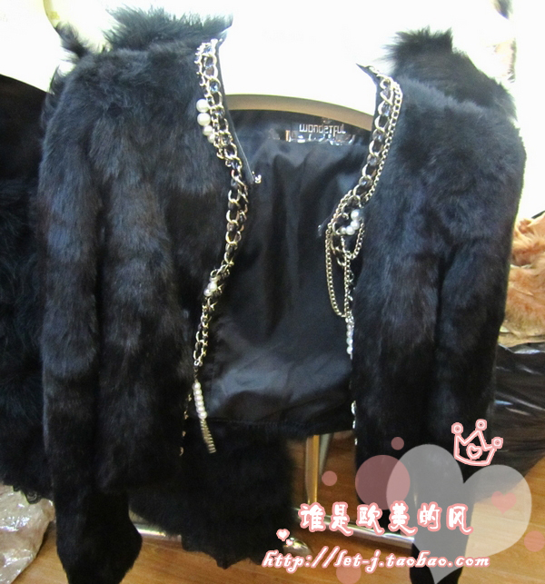 2012 pearl gold chain full leather rabbit hair rabbit fur coat ayomi