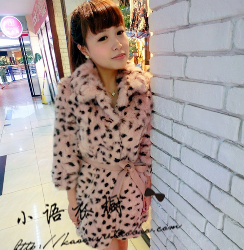 2012 pink leopard print rabbit fur long design fur coat