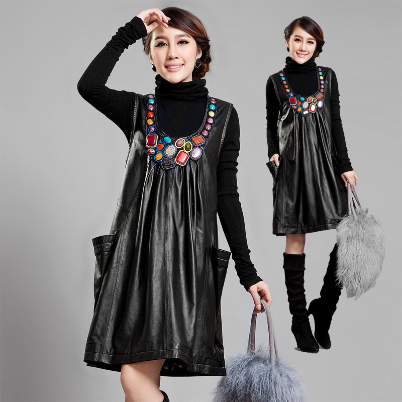 2012 plus size clothing water washed leather tank dress one-piece dress winter autumn and winter female skirt