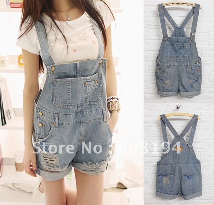 2012 plus size denim bib pants light color suspenders shorts distrressed jumpsuit female overalls clothing