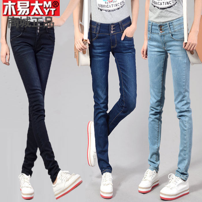 2012 plus size elastic buttons slim denim trousers female skinny pants pencil pants free shipping