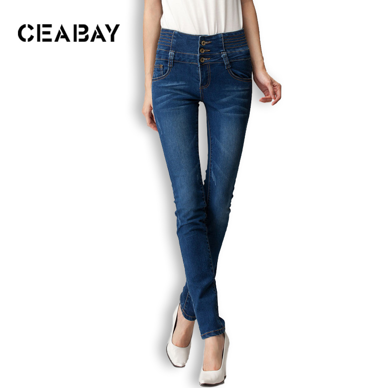 2012 plus size high waist jeans skinny pants denim buttons trousers female 2