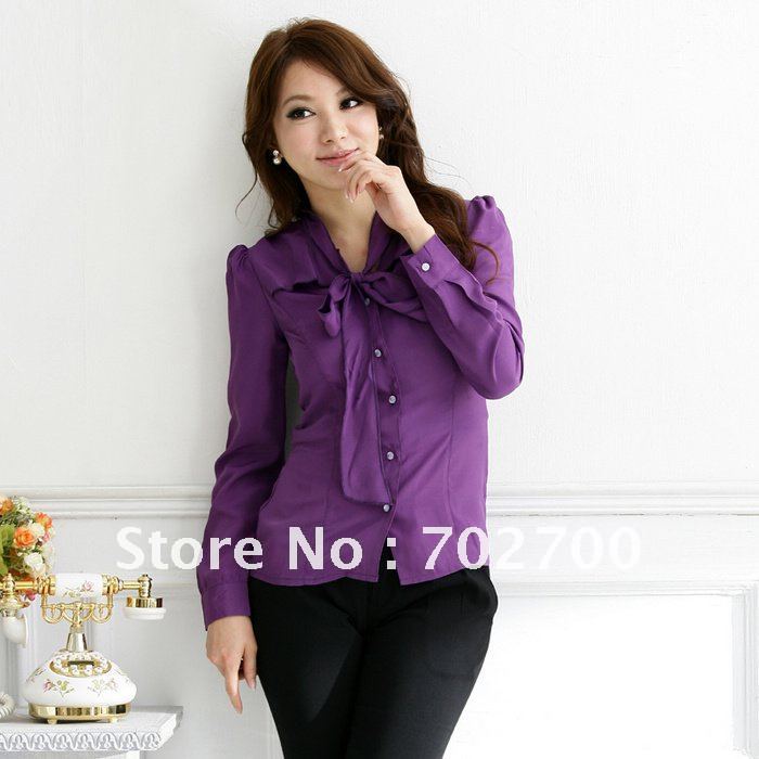 2012 Plus Size Korean Fashion OL Sweet Bow Tie Chiffon Blouse Long Sleeve Free Shipping