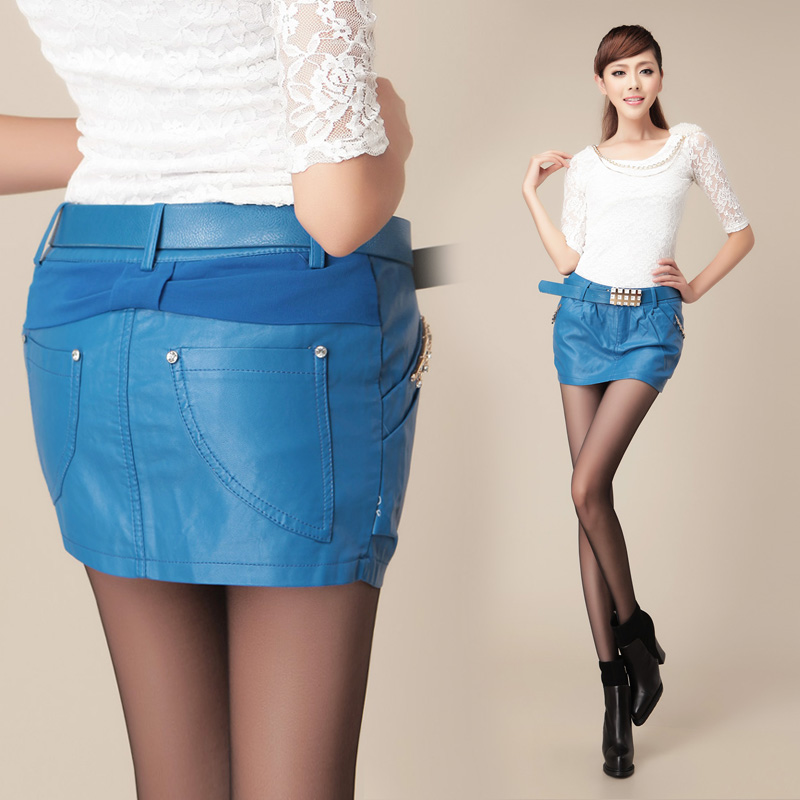 2012 plus size slim chiffon flower leather skirt short skirt bust skirt a-line skirt female