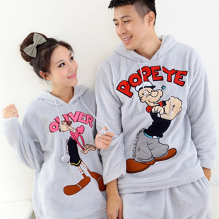 2012 POPEYE cartoon with a hood coral fleece sleepwear lovers casual derlook long-sleeve sleepwear