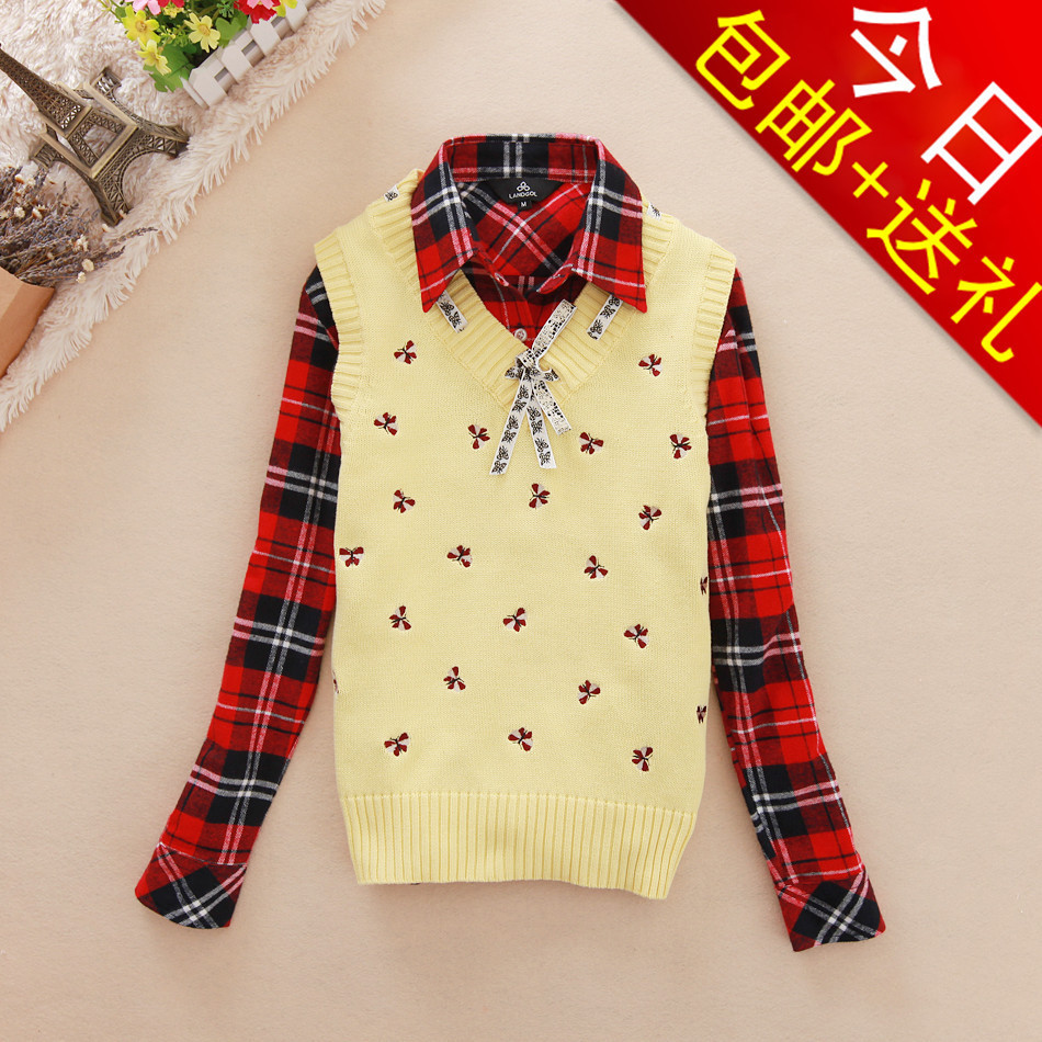 2012 preppy style solid color bow V-neck Women slim sweater wool waistcoat sweater vest 2