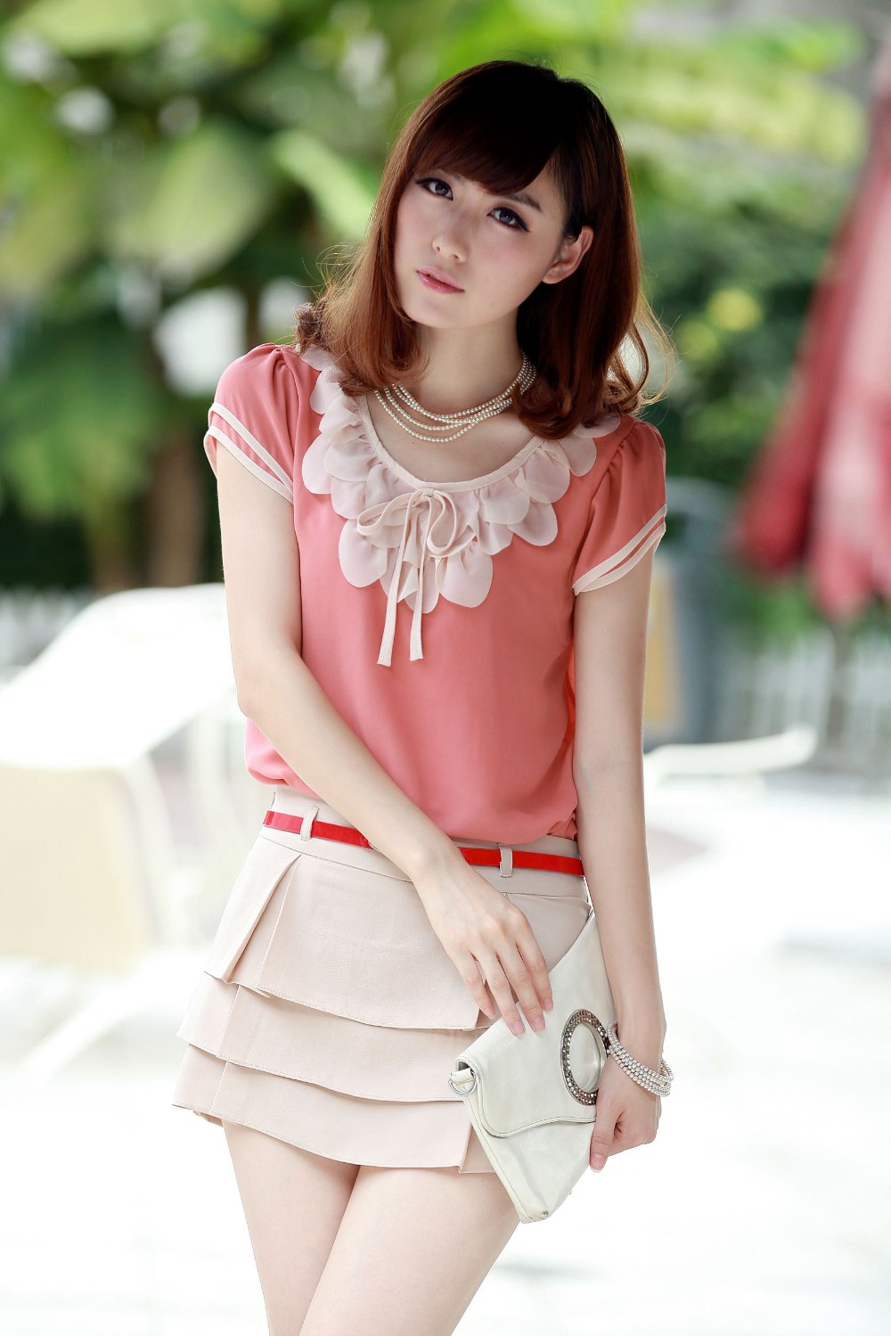 2012 princess chiffon top women petals lacing blouses with optional culottes(short pants) with belt multicolor mix order