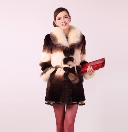 2012 printed rex rabbit fur coat with fox fur collar outwear lady garment women overcoat