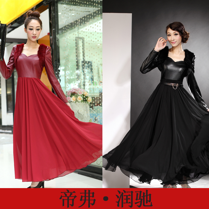 2012 PU chiffon patchwork rabbit fur leather ultra long one-piece dress full dress autumn one-piece dress