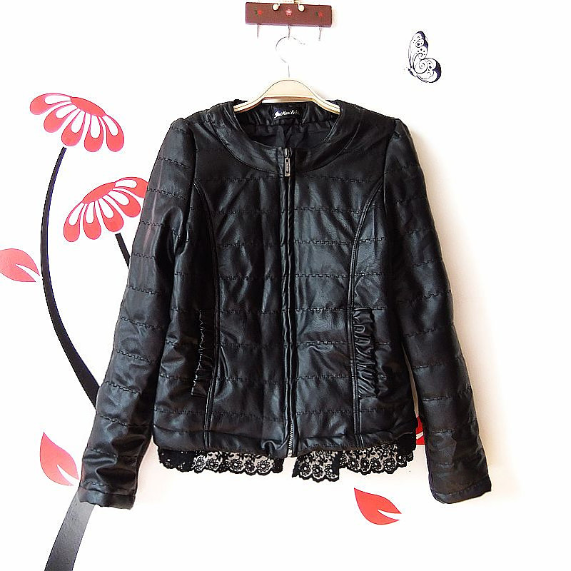 2012 PU outerwear jacket water wash o-neck short design slim plus size women's leather clothing small wadded jacket LDX