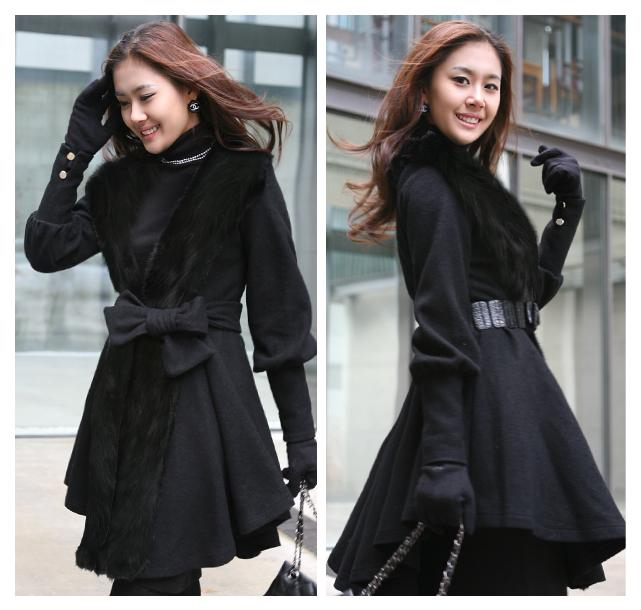 2012 quality fox fur bow cashmere dress slim black fur overcoat outerwear