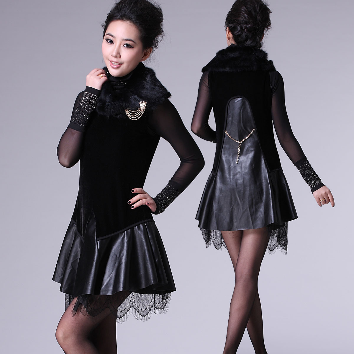 2012 quality rabbit fur lace brooch black leather skirt tank dress one-piece dress female yf686