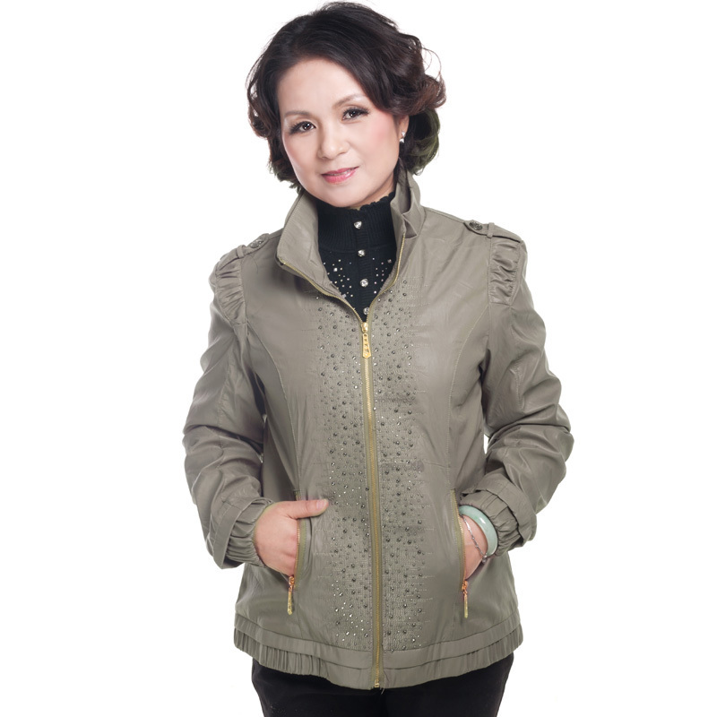 2012 quinquagenarian women's spring and autumn mother clothing rhinestone pasted double stand collar zipper jacket