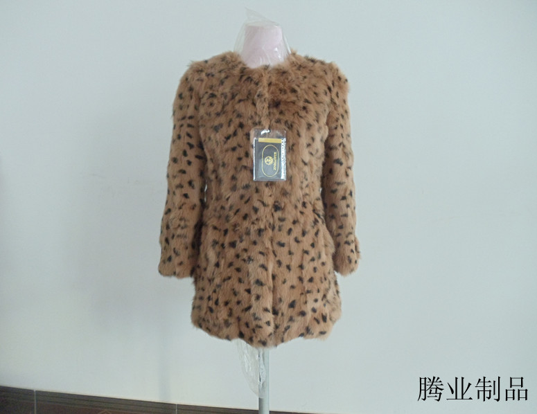 2012 rabbit fur coat flower leopard print o-neck medium-long women's fur overcoat