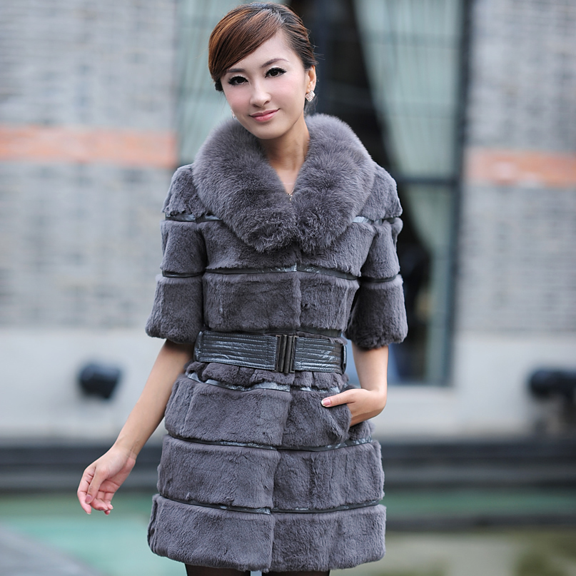 2012 rabbit fur coat fox fur neck long design short-sleeve fur winter coat 3 color for choose with belt waist shapped free ship