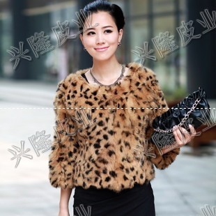 2012 rabbit fur coat leopard print short design outerwear fur coat three quarter sleeve female