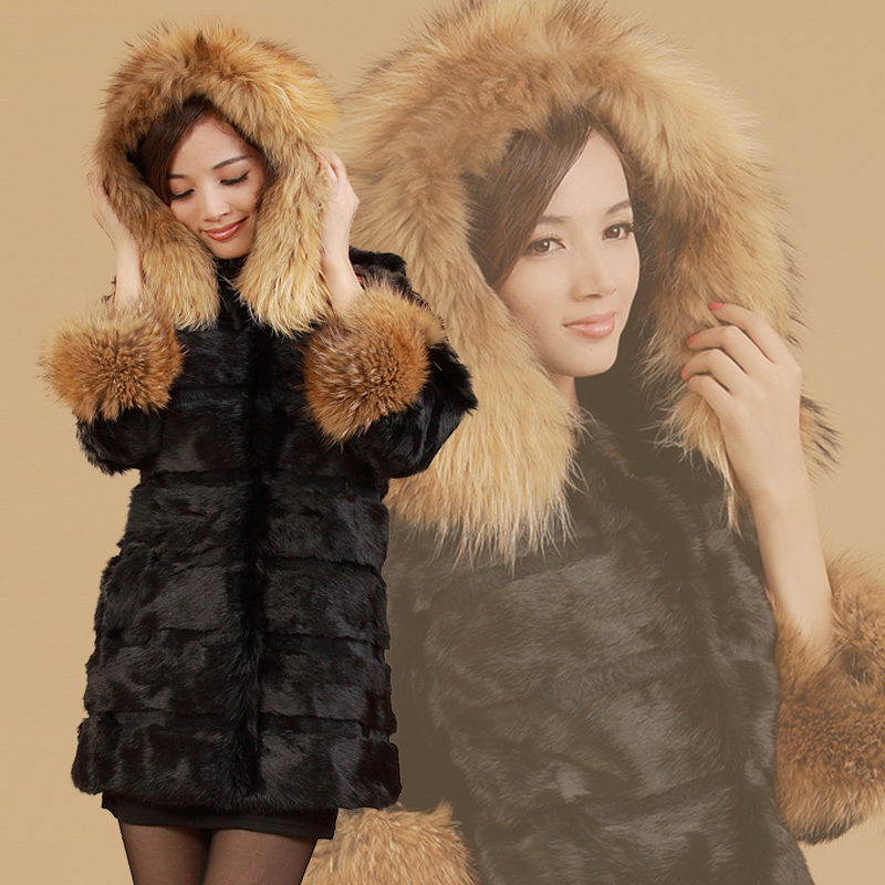 2012 rabbit fur coat women's medium-long hooded winter casual