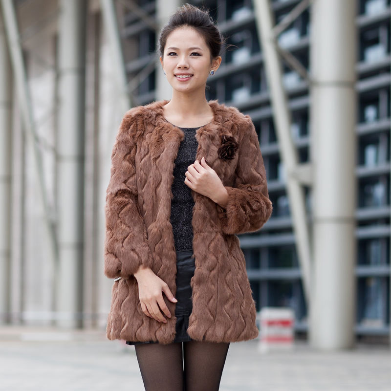 2012 rabbit fur coat women's medium-long long-sleeve o-neck fur overcoat outerwear