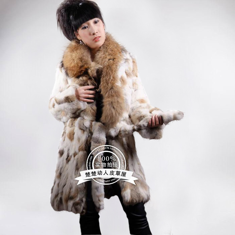 2012 Rabbit fur overcoat detachable fur collar slim long design outerwear