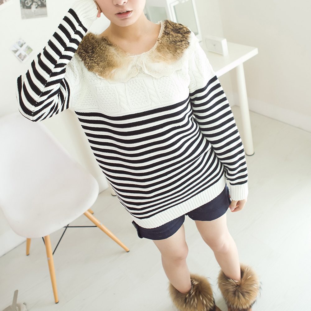 2012 rabbit fur peter pan collar long-sleeve stripe navy style knitted sweater