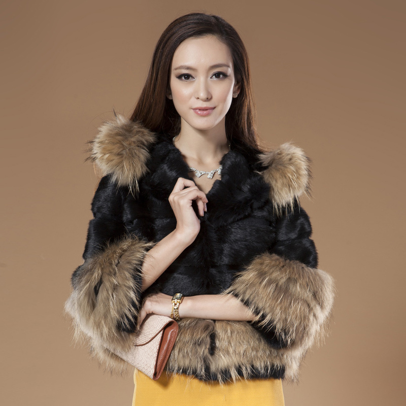 2012 rabbit fur raccoon fur with a hood wrist-length sleeve fur coat Women