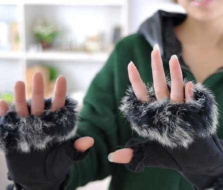 2012 Rabbit fur semi-finger gloves female leather gloves winter mittens Women thermal