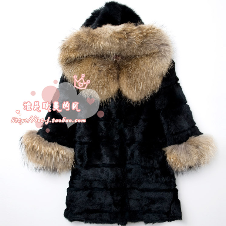 2012 rabbit fur ultralarge raccoon fur with a hood fur overcoat outerwear ayuki