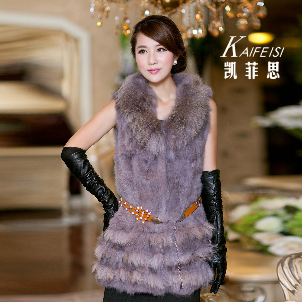 2012 raccoon fur rabbit fur vest medium-long vest leather