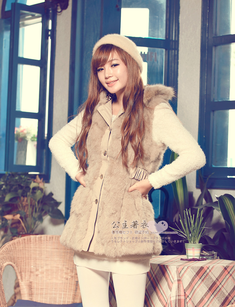 2012 raccoon fur rabbit fur with a hood long design vest fur rabbit fur vest