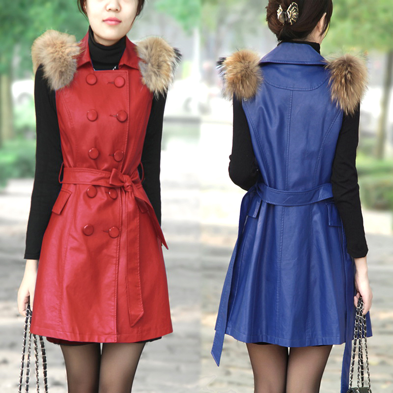 2012 raccoon fur slim medium-long leather vest trench sleeveless PU clothing vest outerwear female