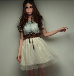 2012 retro sweet cowboy gauze stitching dress ,sent belt,casual dress