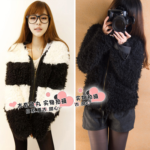 2012 reversible short design black and white stripes color berber fleece fur coat