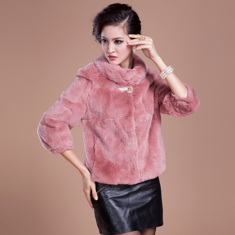 2012 rex rabbit full leather fur coat women three quarter sleeve