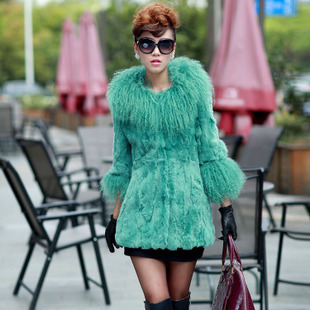 2012 rex rabbit  fur coat with Lamb fur collar women's medium-long berber fleece fur overcoat Free shipping EMS TF0305