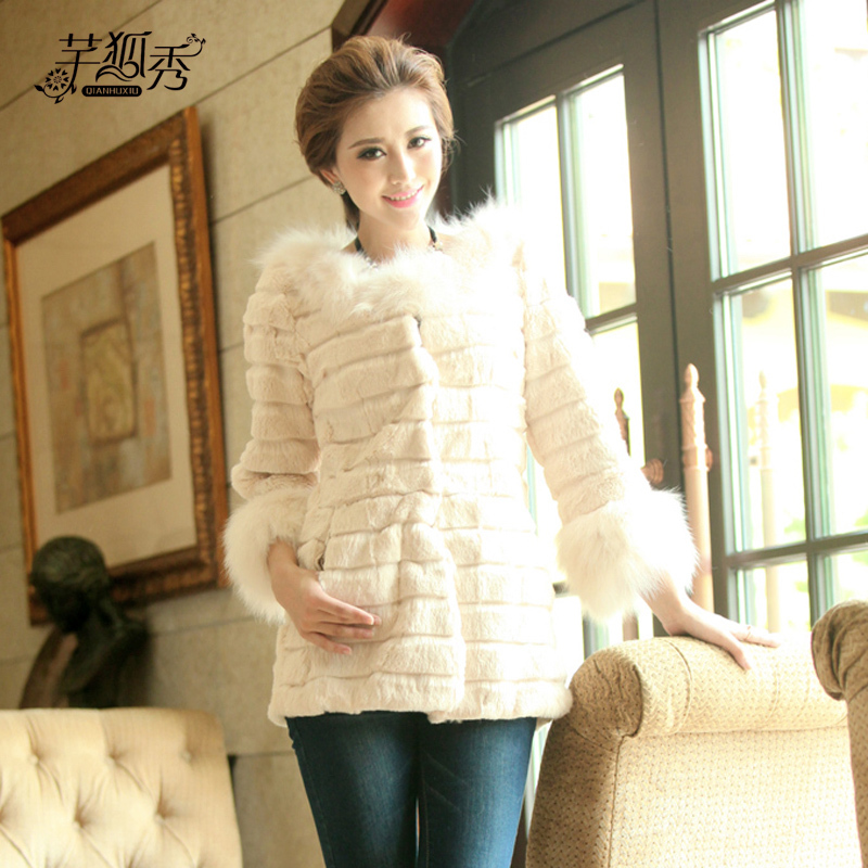 2012 rex rabbit hair fur coat female medium-long o-neck beige sweet fast free shipping DHL or EMS