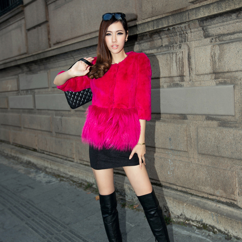 2012 rex rabbit hair fur sweep raccoon fur three quarter sleeve fur coat