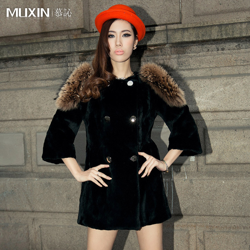 2012 rex rabbit hair raccoon fur medium-long fur coat