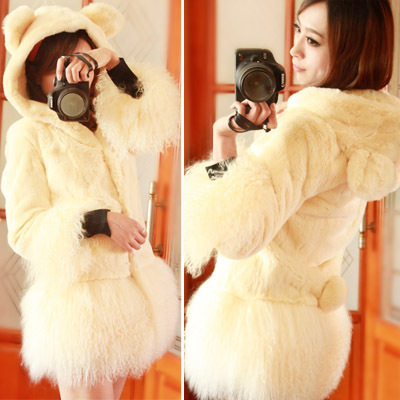 2012 rex rabbit hair wool patchwork beach bear rabbit ears medium-long fur coat