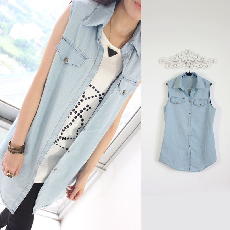 2012 rivet turn-down collar water wash denim vest outerwear back hole long design vest