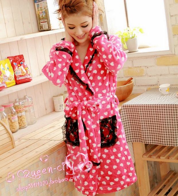 2012 robe female coral fleece lace long-sleeve autumn and winter sweet heart bathrobe 100% cotton