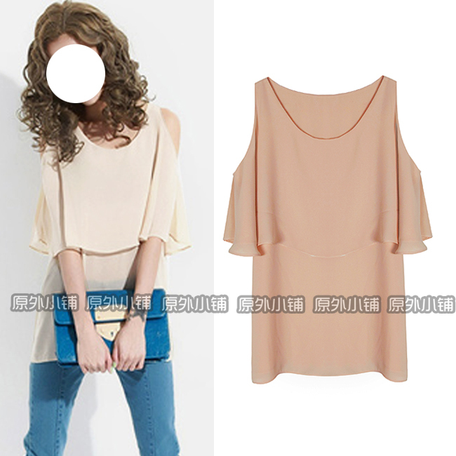 2012 ruffle strapless o-neck all-match loose female top t-shirt cape shirt chiffon shirt summer