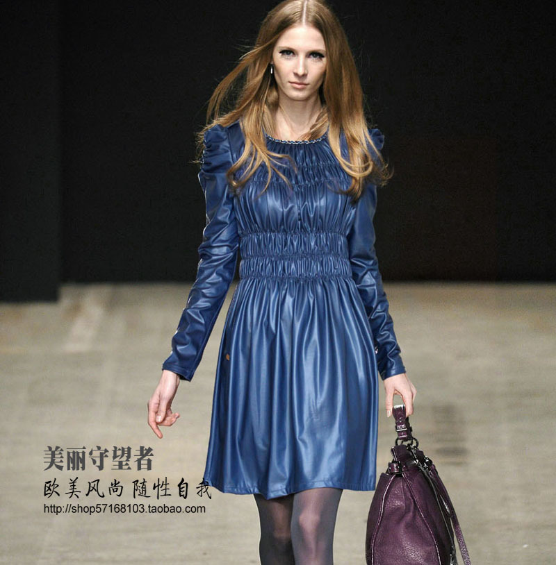 2012 senior faux leather fabric square collar long-sleeve slim one-piece dress 1255