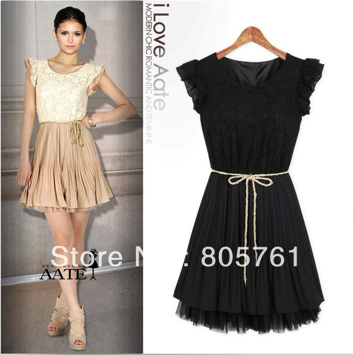 2012 sexy lace vintage small butterfly sleeve fashion pleated chiffon one-piece dress 2995