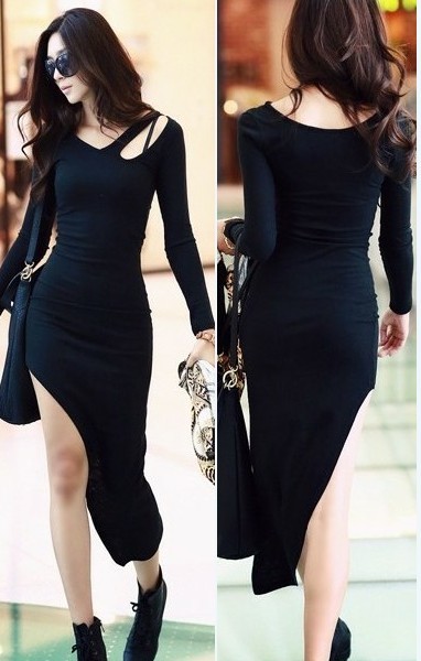 2012 sexy strapless cutout hole irregular big placketing skirt slim one-piece dress black colour long sleeve dress