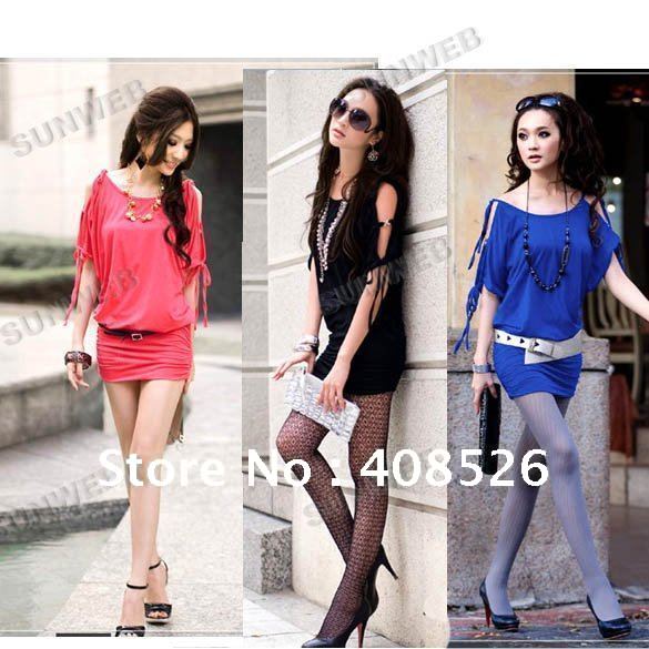 2012 Sexy Women Korea Off the Shoulder Collar Strappy batwing Dress t-shirt Long Top 3 colors free shipping 3199