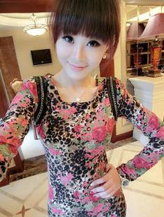 2012 sexy women's autumn and winter clothes skirt fashion faux leather chain leopard print rose print one-piece dress