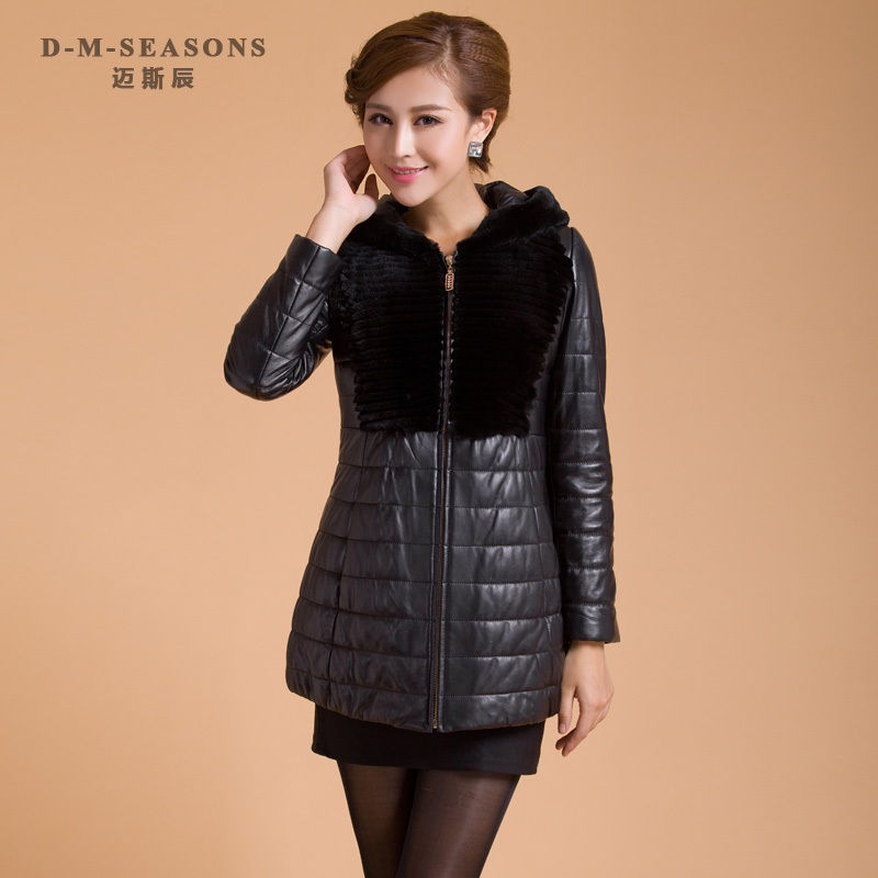 2012 sheepskin genuine leather down coat rex rabbit hair cap women leather clothing