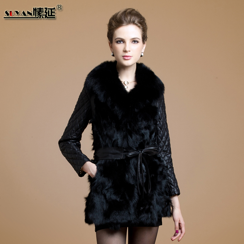 2012 sheepskin patchwork fox wool fur coat slim belt 8236